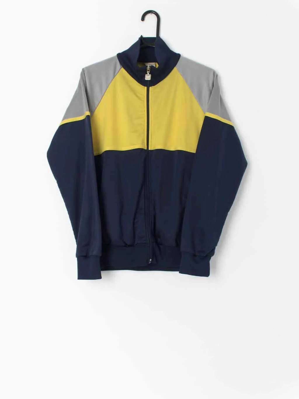 70s vintage Adidas track jacket, navy grey and yellow – Small