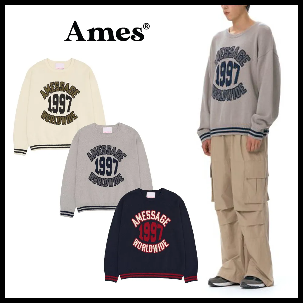 AMES-WORLDWIDE  |Crew Neck Unisex Blended Fabrics Street Style Long Sleeves