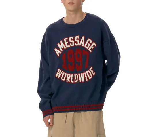 AMES-WORLDWIDE  |Crew Neck Unisex Blended Fabrics Street Style Long Sleeves