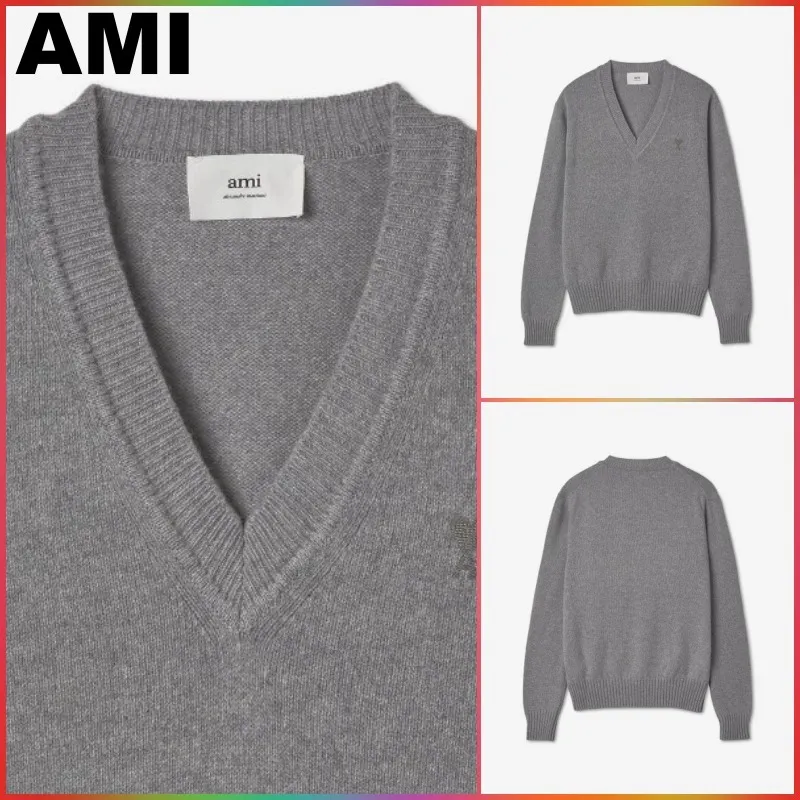 AMI PARIS  |Wool Street Style Long Sleeves Plain Logo Designers Sweaters