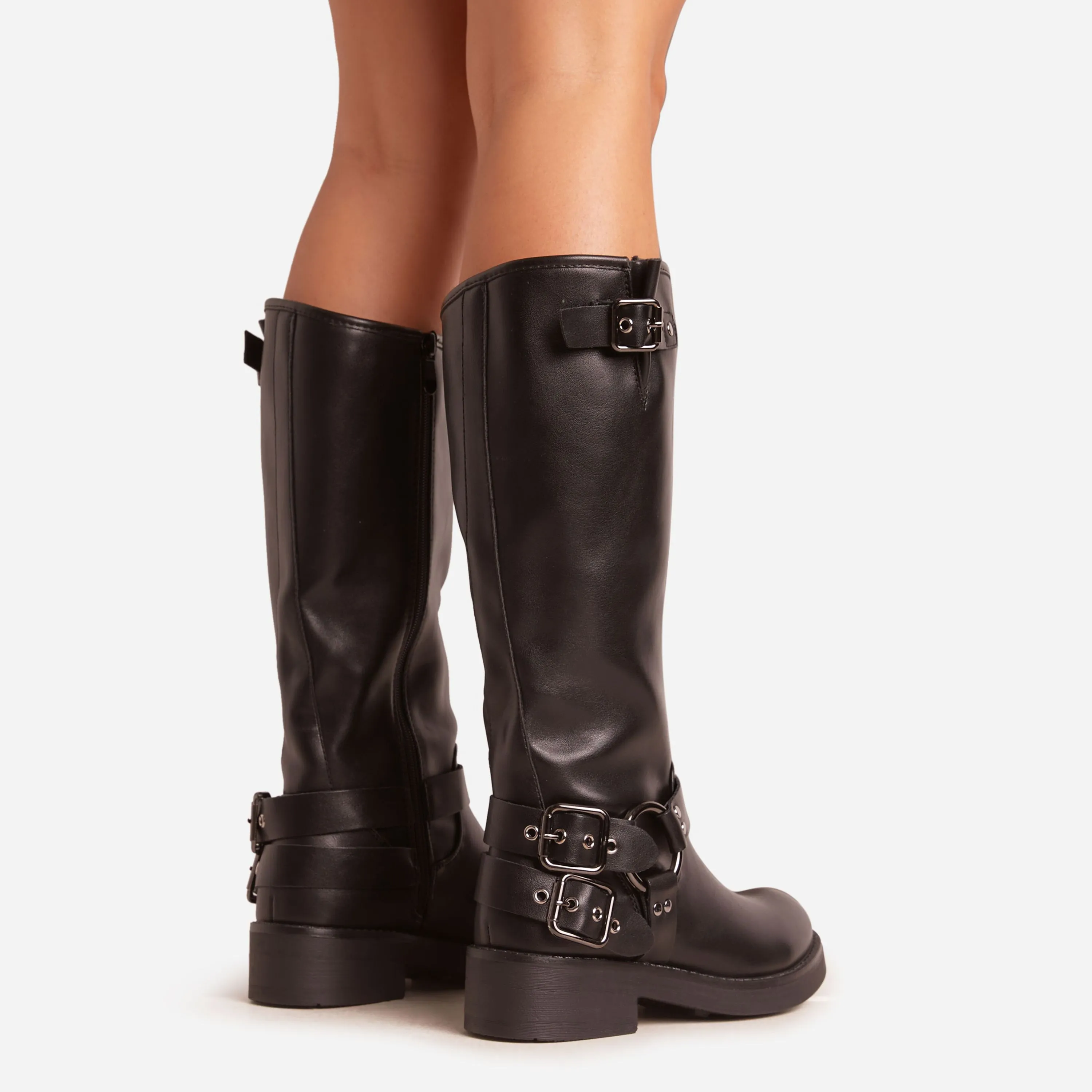 Azura Side Buckle Detail Midi Calf Biker Boot In Black Faux Leather