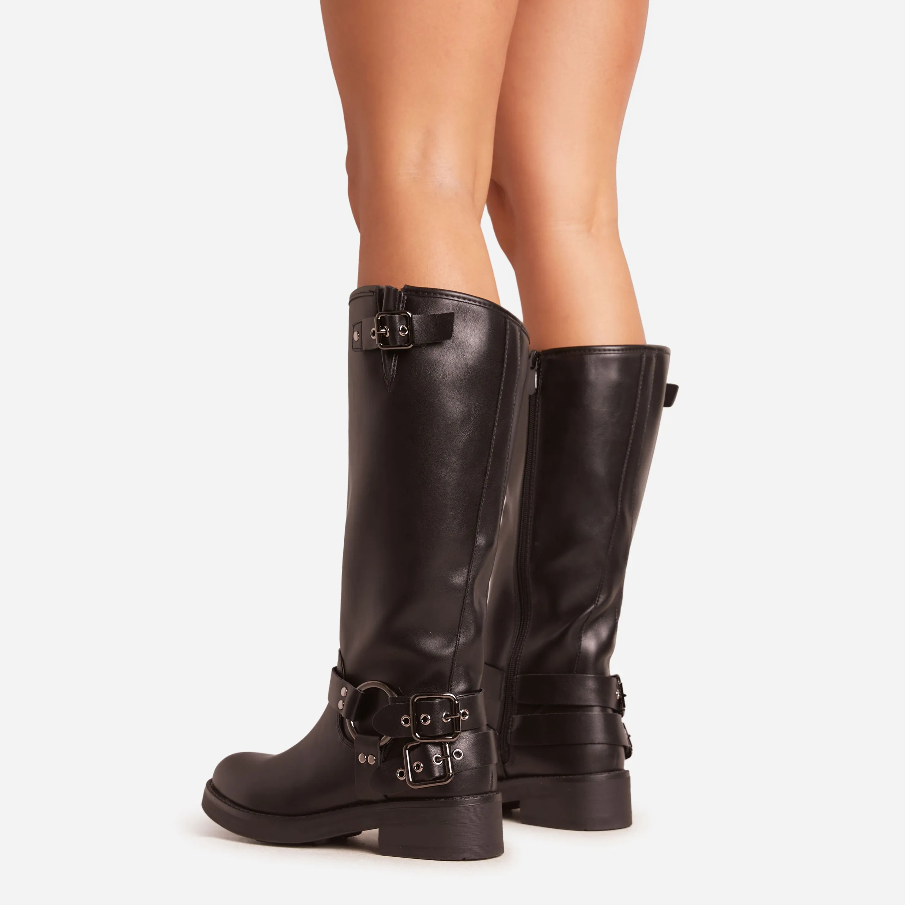 Azura Side Buckle Detail Midi Calf Biker Boot In Black Faux Leather