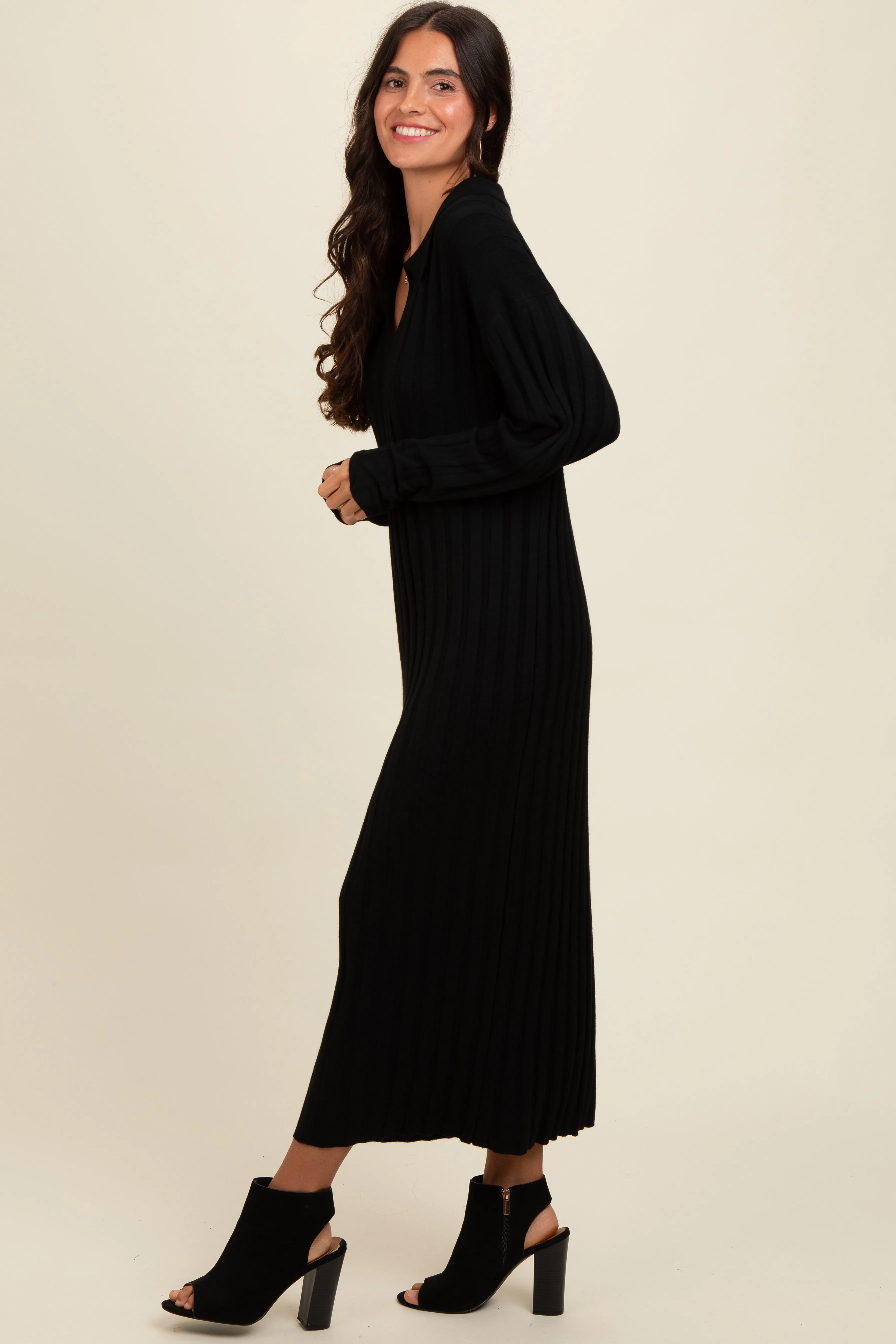 Black Ribbed Collared Midi Sweater Dress