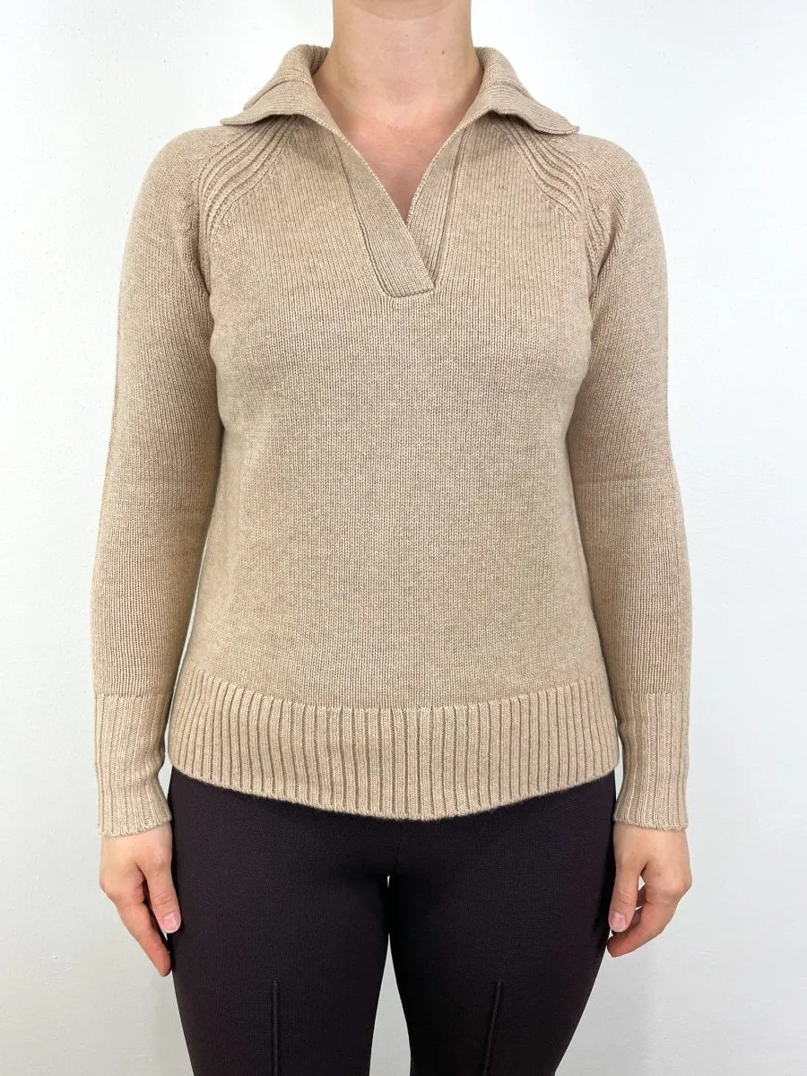 Blaire Johnny-Collar Jersey Sweater in Heather Oat Cashmere