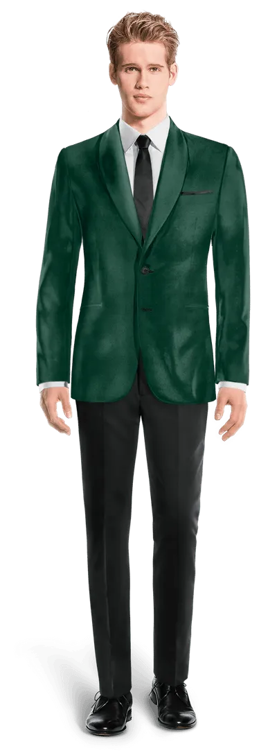  Blazer verde azulado de terciopelo solapa redonda slim fit