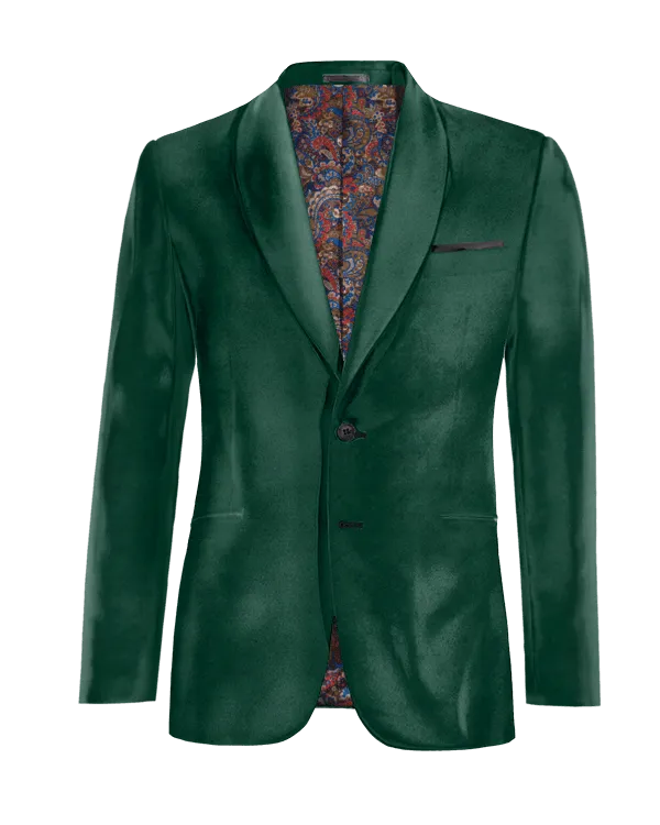  Blazer verde azulado de terciopelo solapa redonda slim fit