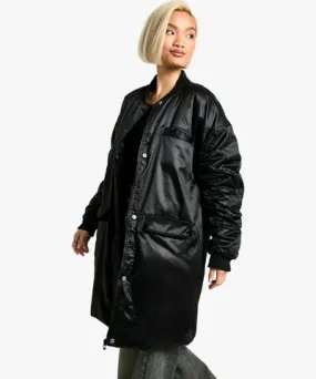 boohoo Womens Oversized Longline Satin Bomber Jacket