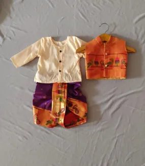 Boy's premium Paithani with peacock border dhoti kurta with jacket (cream and purple )