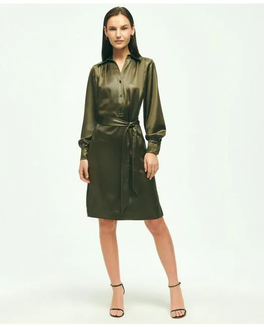 Brooks Brothers Women's Satin Popover Belted Shirt Dress Olive