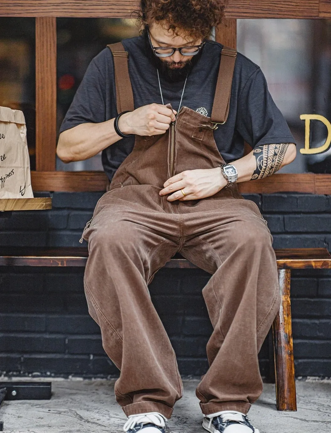 Brown Herringbone Weave Workwear Overalls