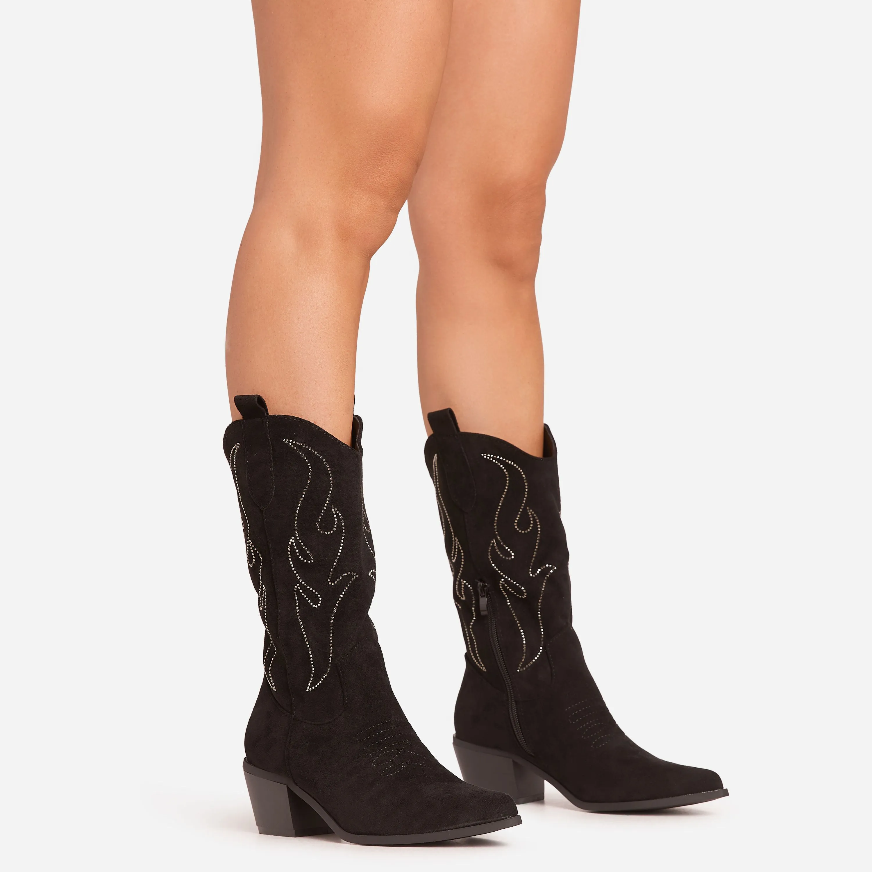 Bruce Diamante Embroidered Detail Pointed Toe Mid Calf Western Cowboy Boot In Black Faux Suede