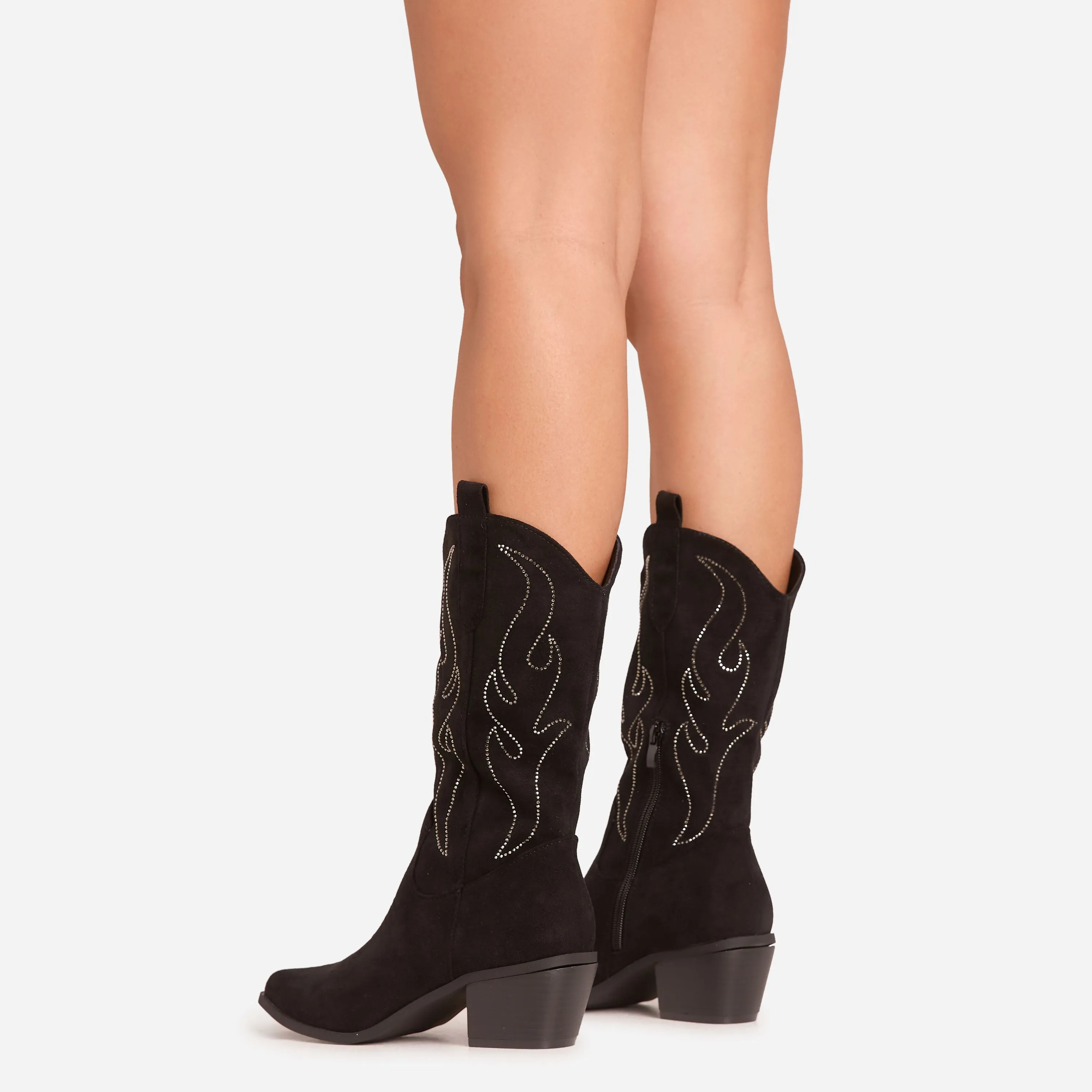 Bruce Diamante Embroidered Detail Pointed Toe Mid Calf Western Cowboy Boot In Black Faux Suede