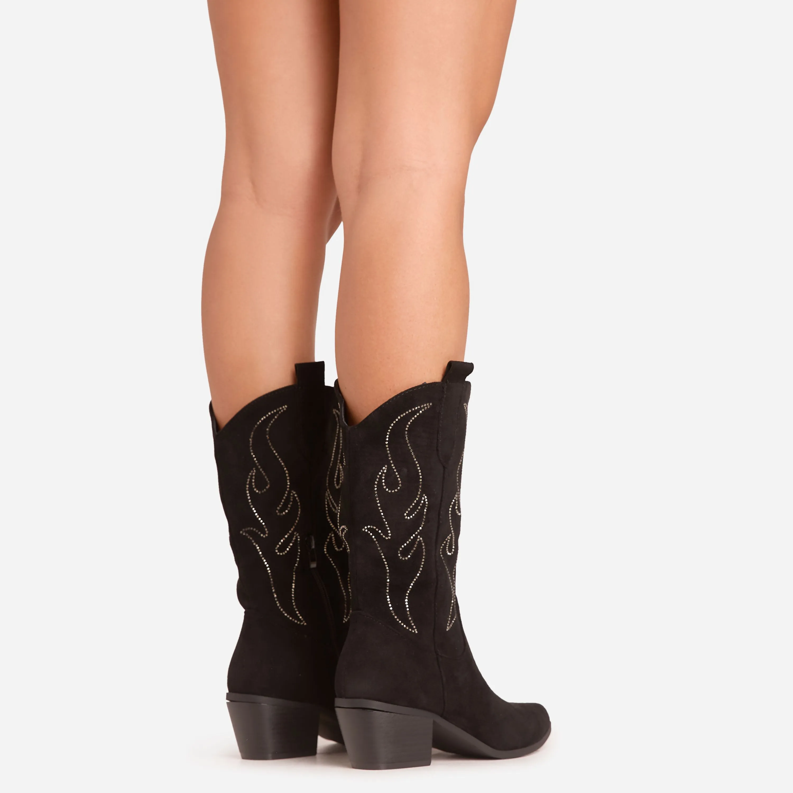 Bruce Diamante Embroidered Detail Pointed Toe Mid Calf Western Cowboy Boot In Black Faux Suede