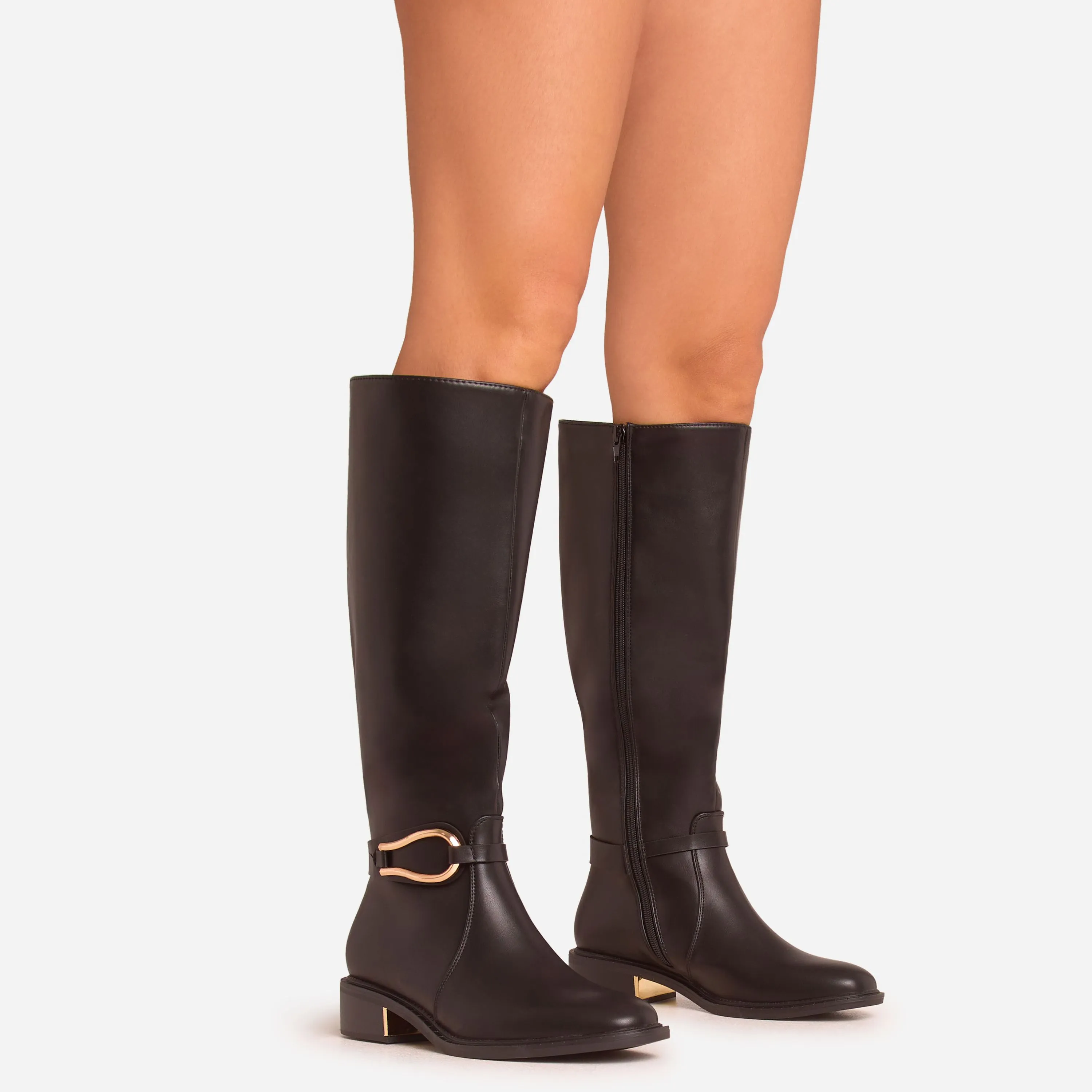 Carson Ring Detail Gold Plate Knee High Long Boot In Black Faux Leather