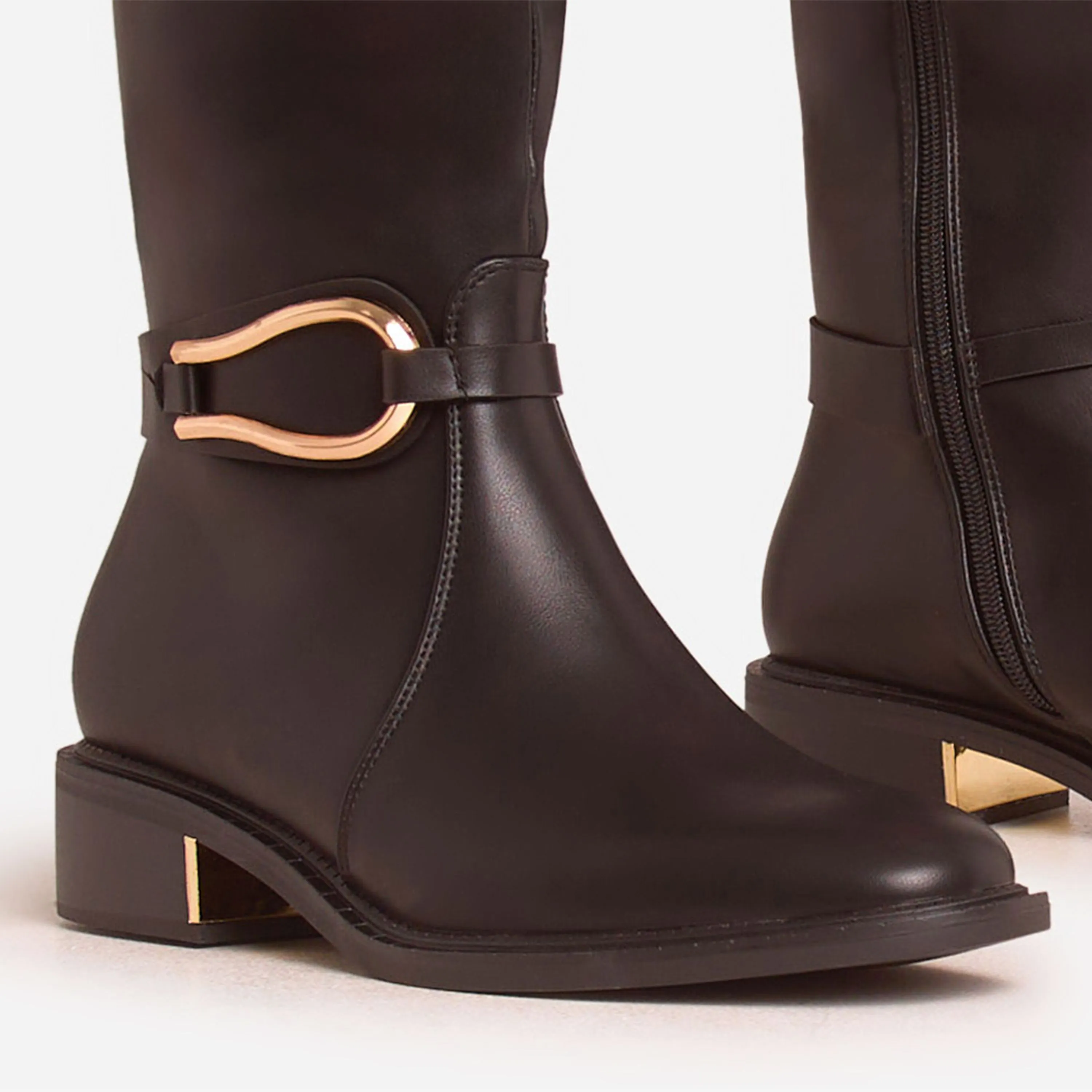 Carson Ring Detail Gold Plate Knee High Long Boot In Black Faux Leather