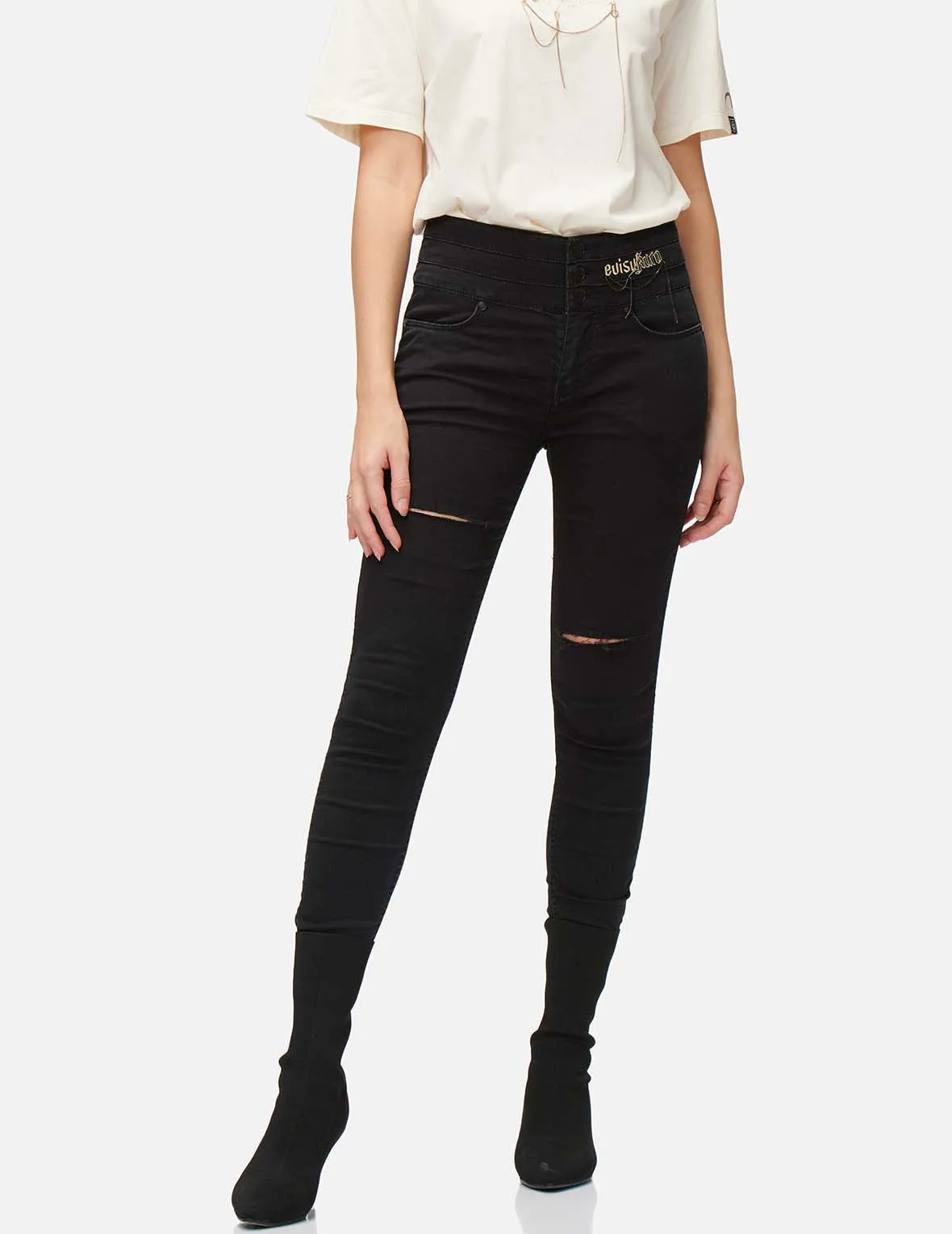 Chain and Logo Embroidered Skinny Jeans