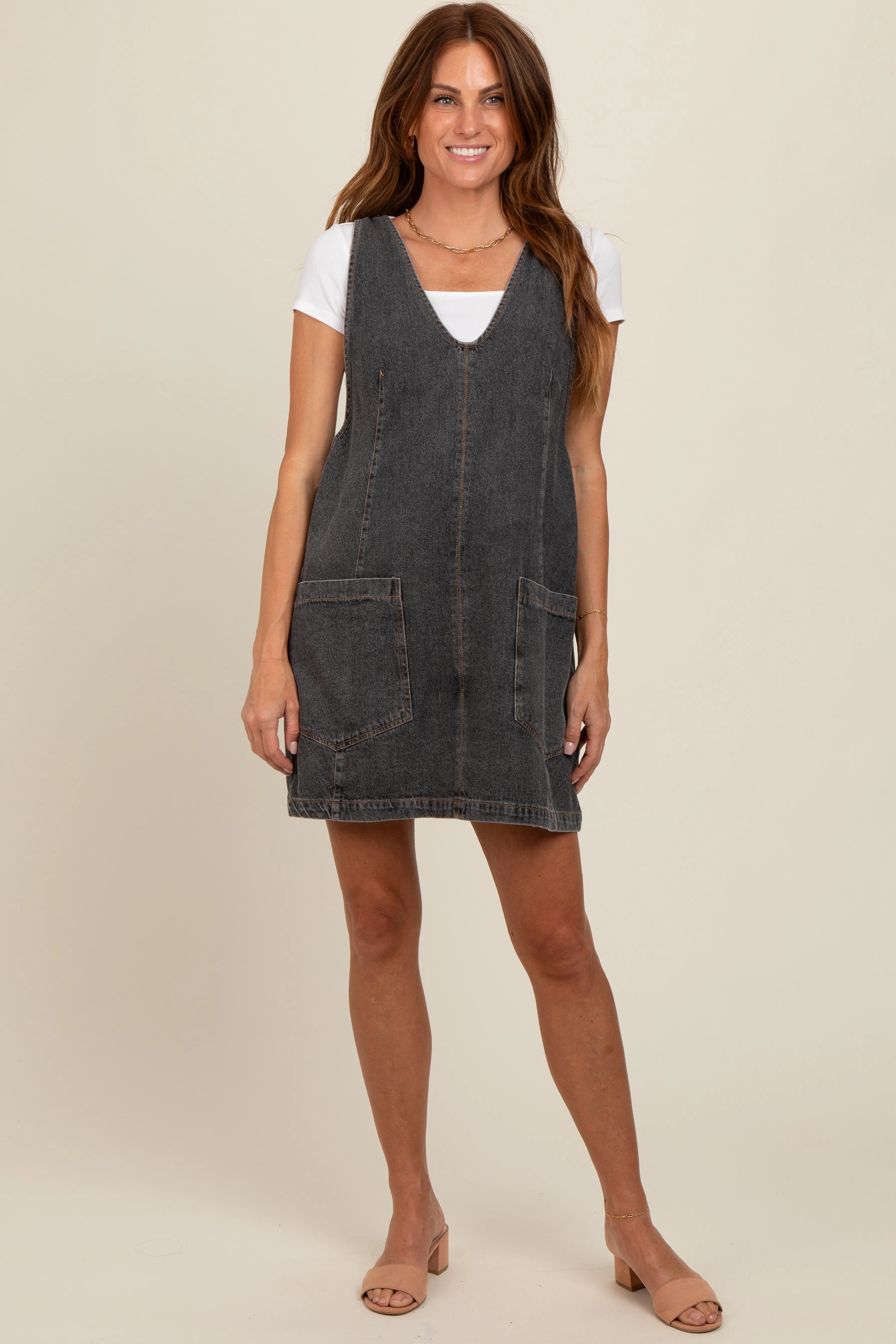 Charcoal Denim Front Pocket Maternity Skirt Overalls