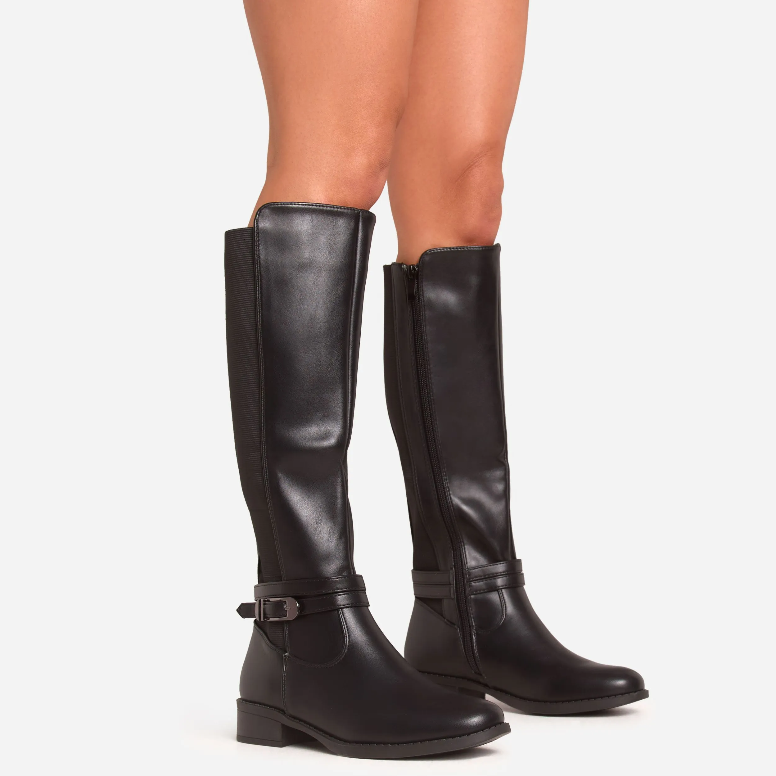 Colbie Buckle Detail Knee High Long Chelsea Boot In Black Faux Leather