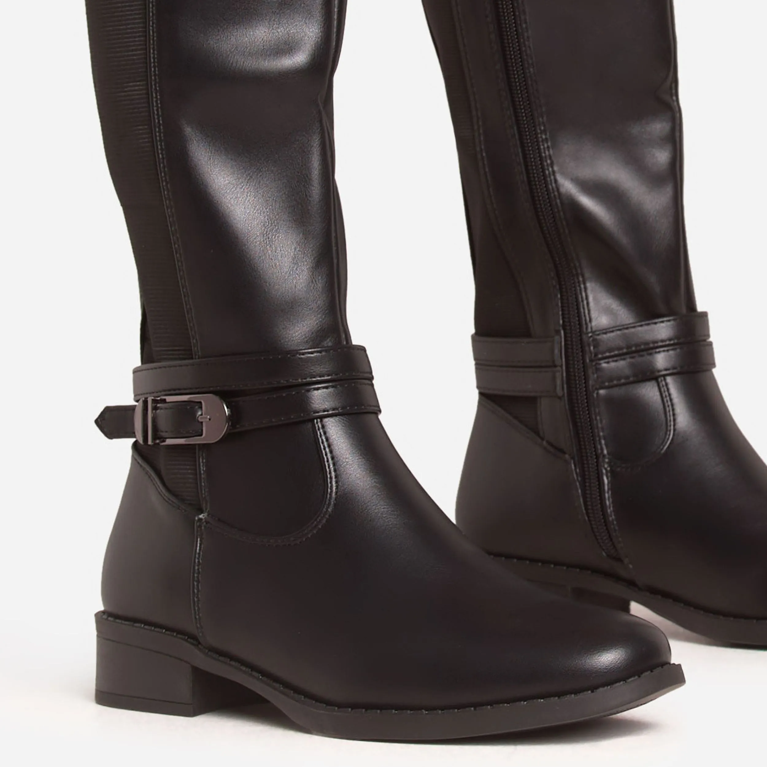 Colbie Buckle Detail Knee High Long Chelsea Boot In Black Faux Leather