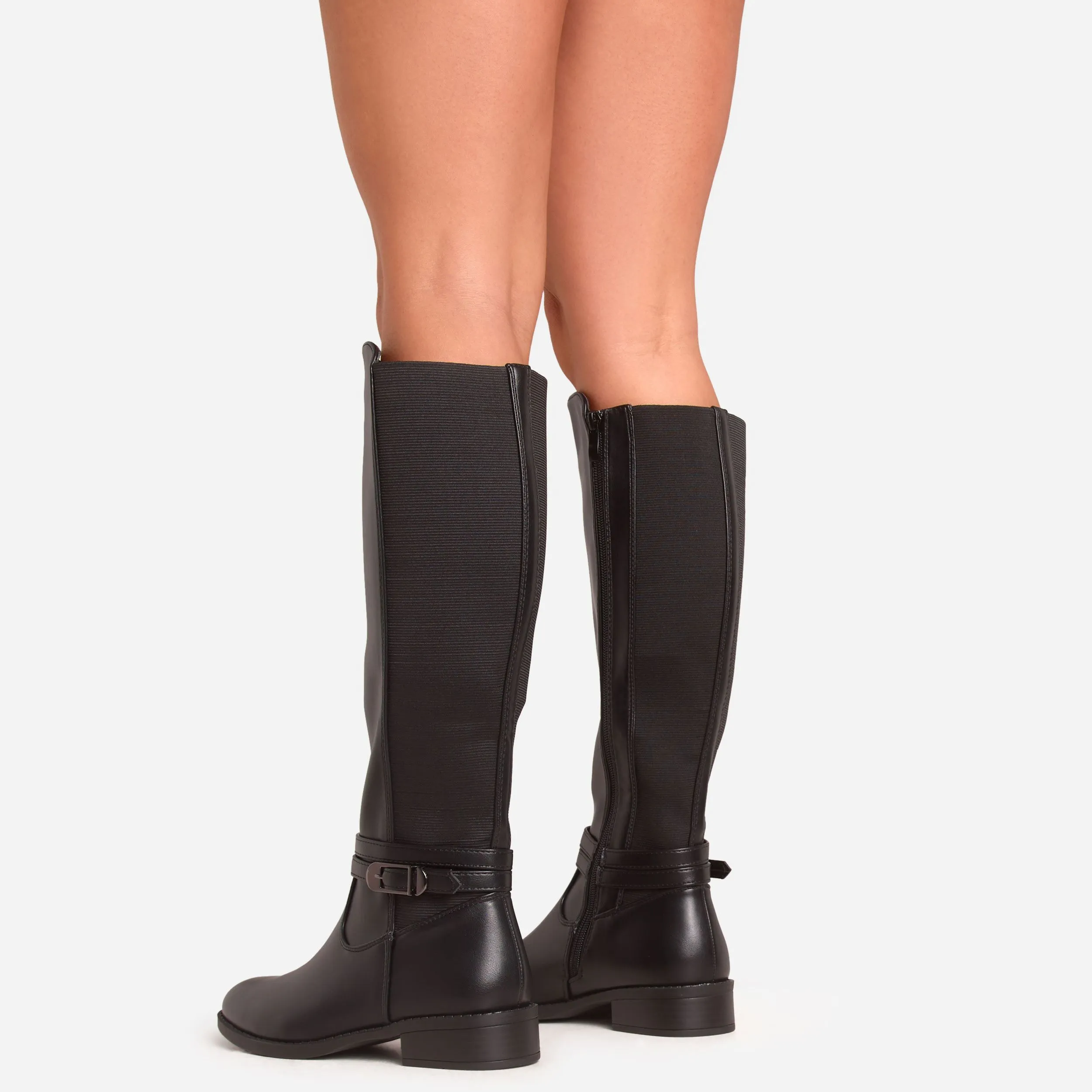 Colbie Buckle Detail Knee High Long Chelsea Boot In Black Faux Leather