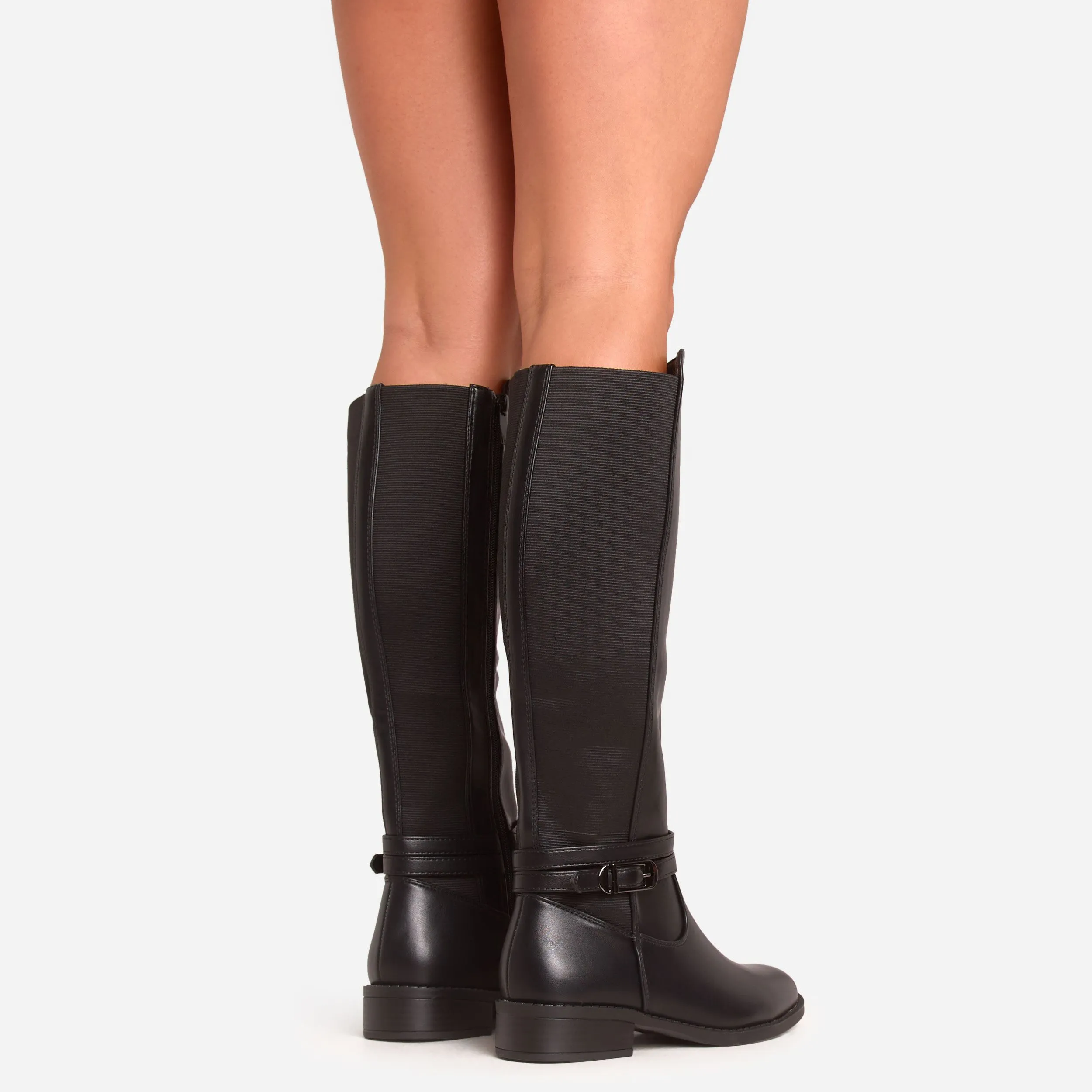 Colbie Buckle Detail Knee High Long Chelsea Boot In Black Faux Leather