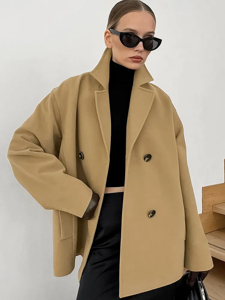 Double-breasted Jacket For Women Old Money Style Classic Lapel Dropped Shoulder Slant Pocket Oversized Short Coat 2025