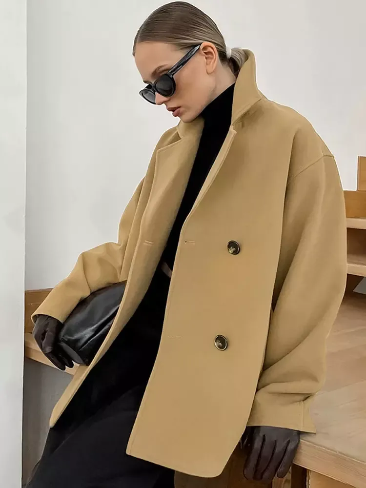 Double-breasted Jacket For Women Old Money Style Classic Lapel Dropped Shoulder Slant Pocket Oversized Short Coat 2025