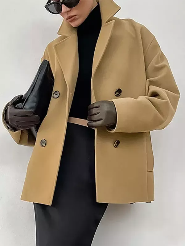 Double-breasted Jacket For Women Old Money Style Classic Lapel Dropped Shoulder Slant Pocket Oversized Short Coat 2025