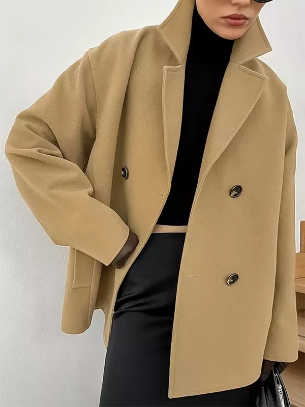 Double-breasted Jacket For Women Old Money Style Classic Lapel Dropped Shoulder Slant Pocket Oversized Short Coat 2025