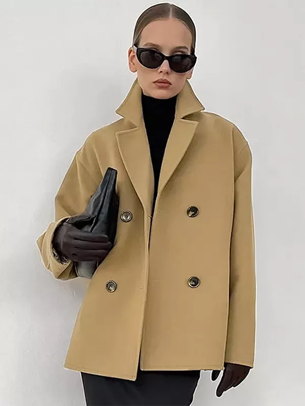 Double-breasted Jacket For Women Old Money Style Classic Lapel Dropped Shoulder Slant Pocket Oversized Short Coat 2025