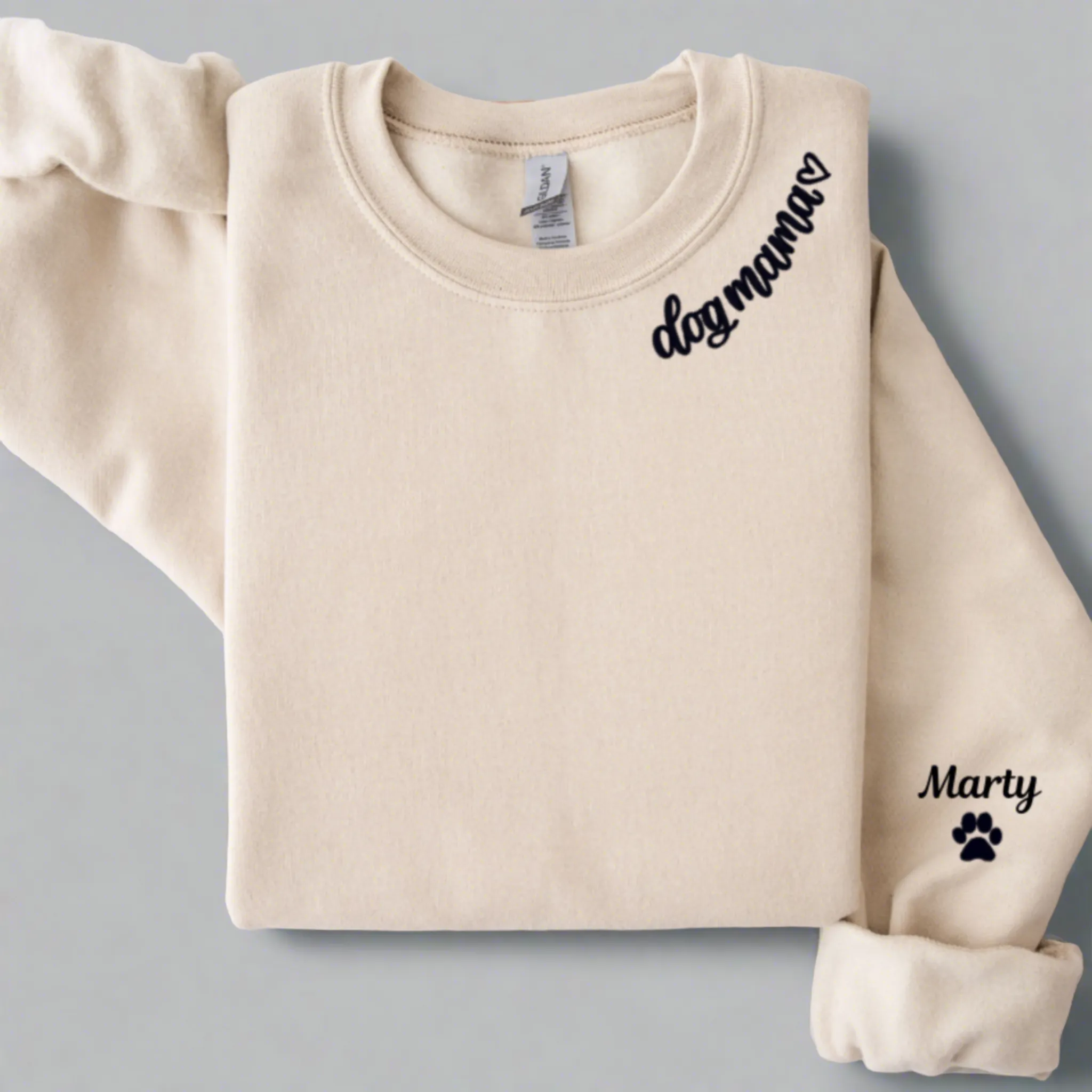 Embroidered Dog Mama Sweatshirts, Dog Mama around the collar of Crewneck Sweater with doggie's name on sleeve. Best Gifts for do