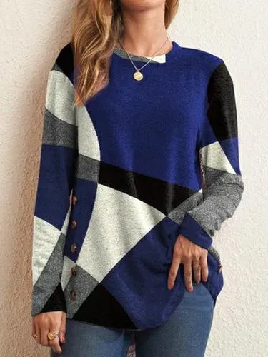 Fashion Geometric Cotton Blend Round Neck Long Sleeve Regular Sleeve Printing Patchwork T-shirt