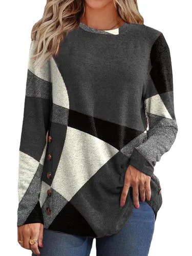 Fashion Geometric Cotton Blend Round Neck Long Sleeve Regular Sleeve Printing Patchwork T-shirt