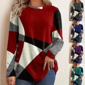 Fashion Geometric Cotton Blend Round Neck Long Sleeve Regular Sleeve Printing Patchwork T-shirt