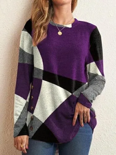 Fashion Geometric Cotton Blend Round Neck Long Sleeve Regular Sleeve Printing Patchwork T-shirt