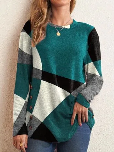 Fashion Geometric Cotton Blend Round Neck Long Sleeve Regular Sleeve Printing Patchwork T-shirt