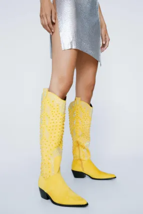 Faux Suede Rhinestone Cowboy Boots