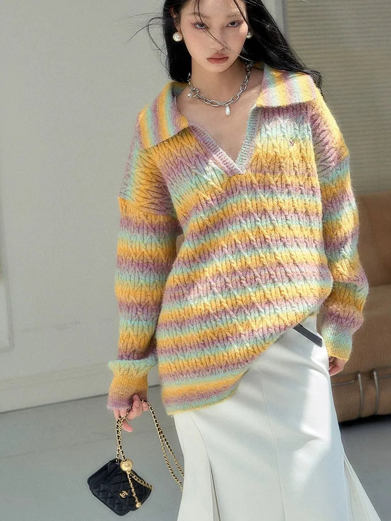 Gradient Rainbow Border Lapel Sweater