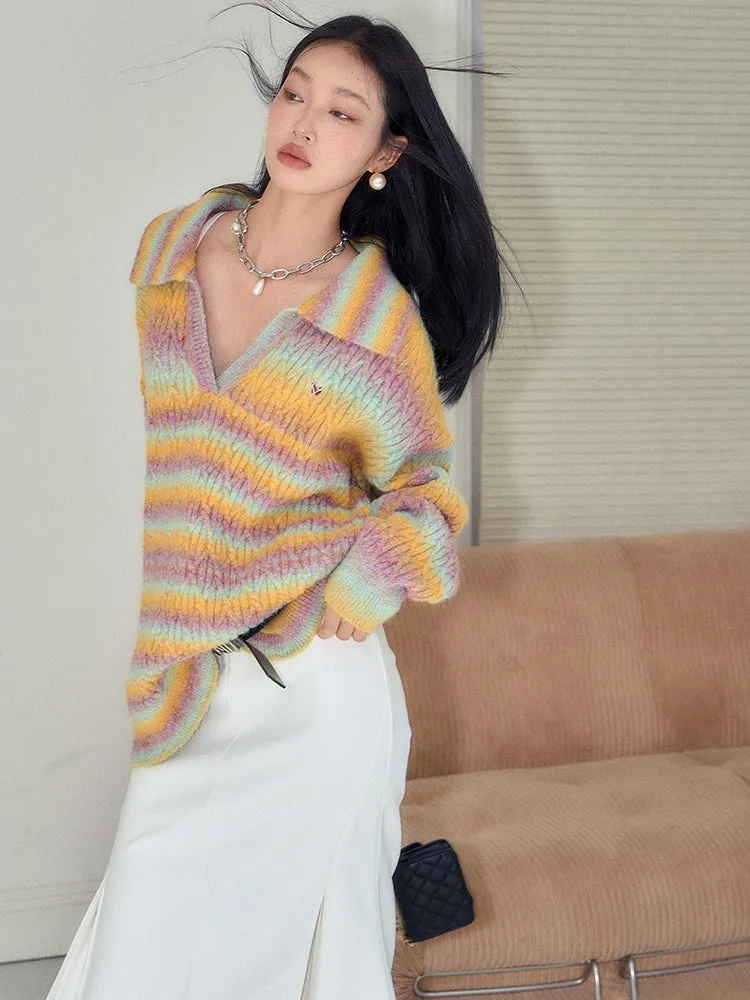 Gradient Rainbow Border Lapel Sweater