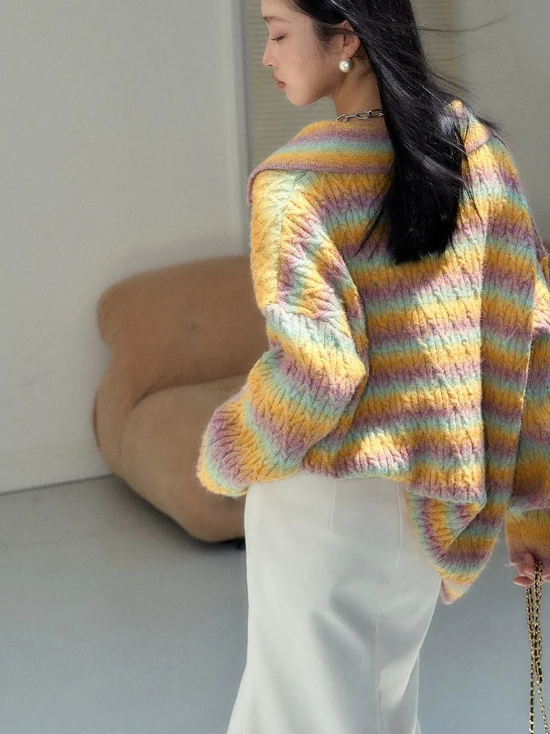 Gradient Rainbow Border Lapel Sweater