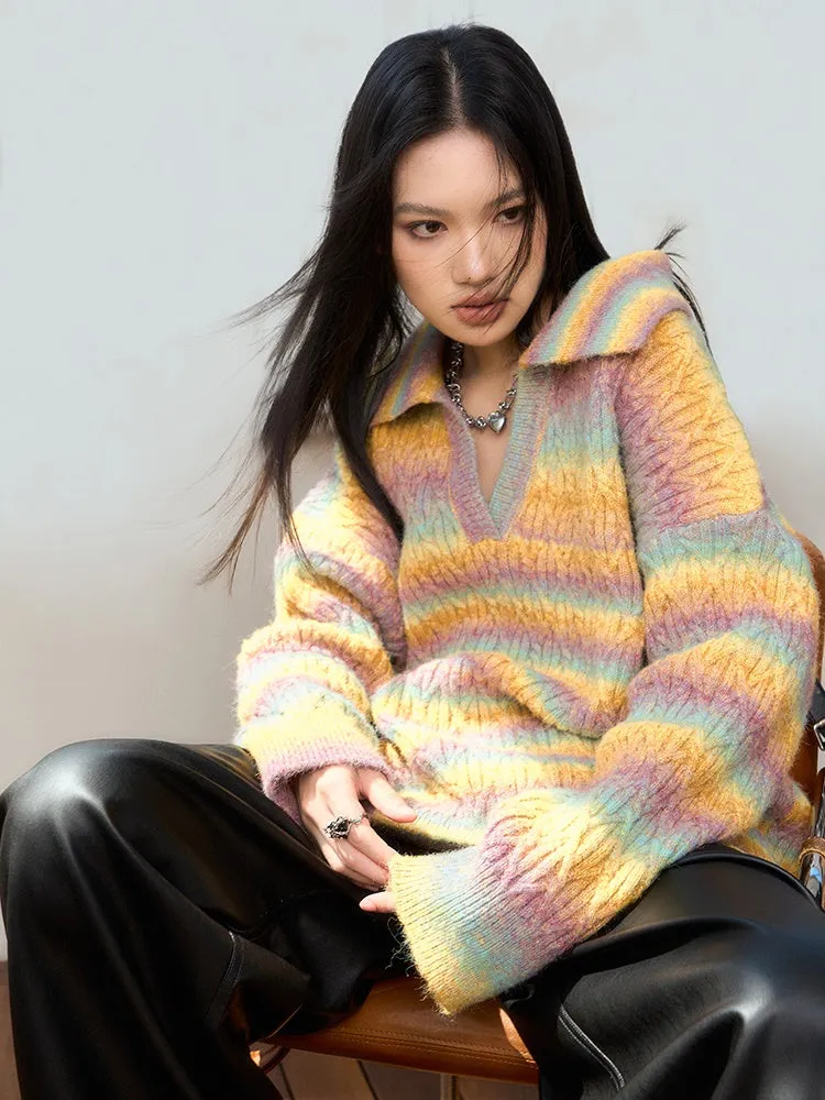 Gradient Rainbow Border Lapel Sweater