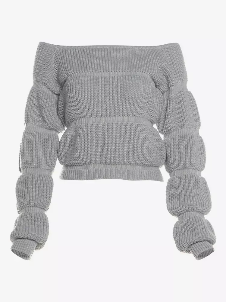 Gray Pullover Sweater Jewel Neck Off-shoulder Bubble Sleeve Knitted Crop Top For Women 2025