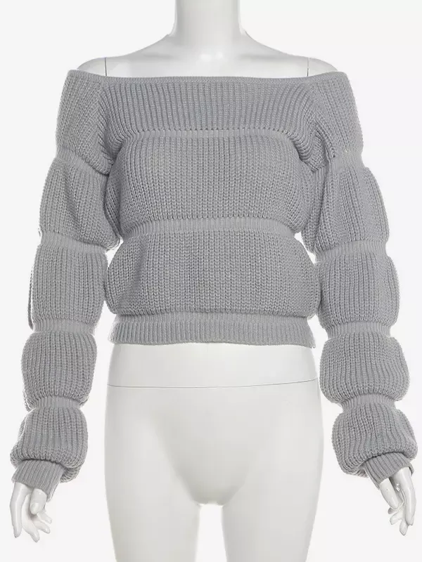 Gray Pullover Sweater Jewel Neck Off-shoulder Bubble Sleeve Knitted Crop Top For Women 2025