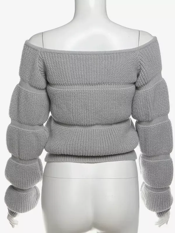 Gray Pullover Sweater Jewel Neck Off-shoulder Bubble Sleeve Knitted Crop Top For Women 2025