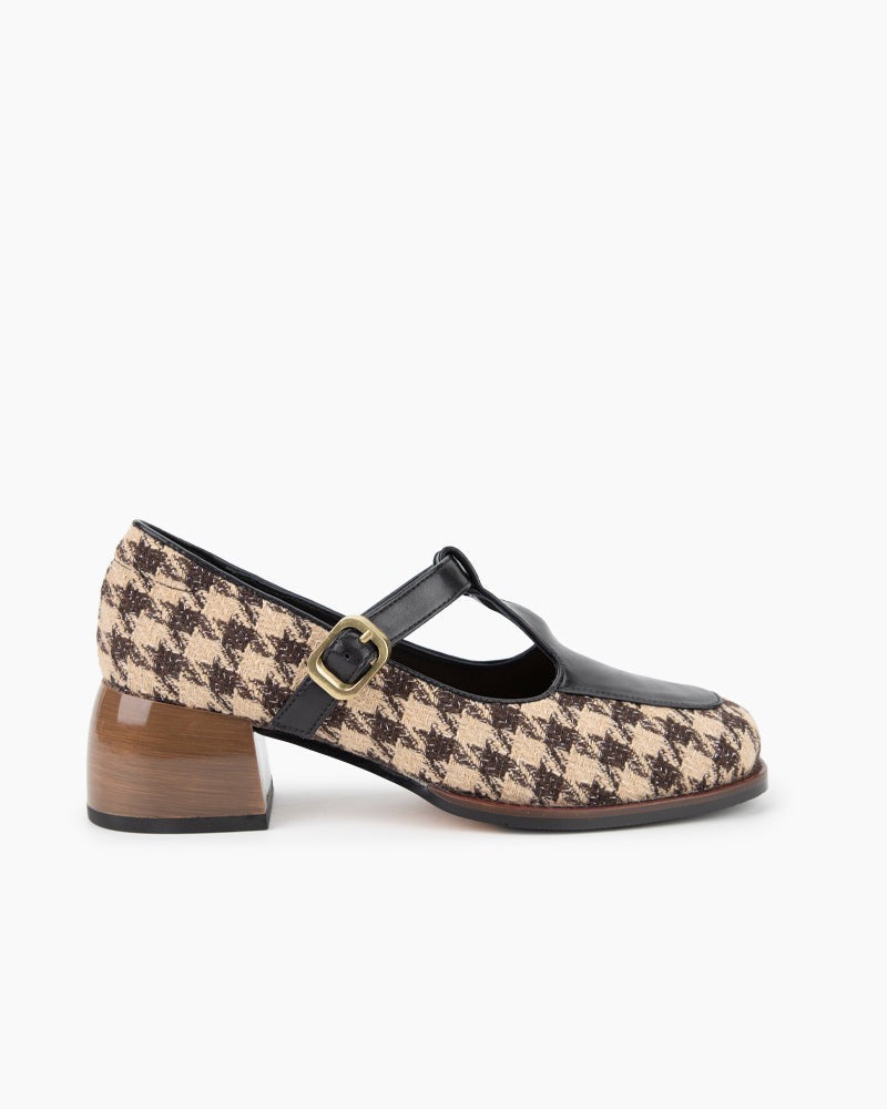 Houndstooth Chunky Block Heel Mary Janes Pumps