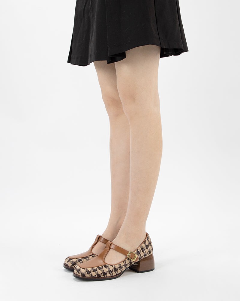 Houndstooth Chunky Block Heel Mary Janes Pumps