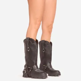 Hybrid Embroidered Buckle Detail Mid Calf Biker Boot In Black Faux Leather