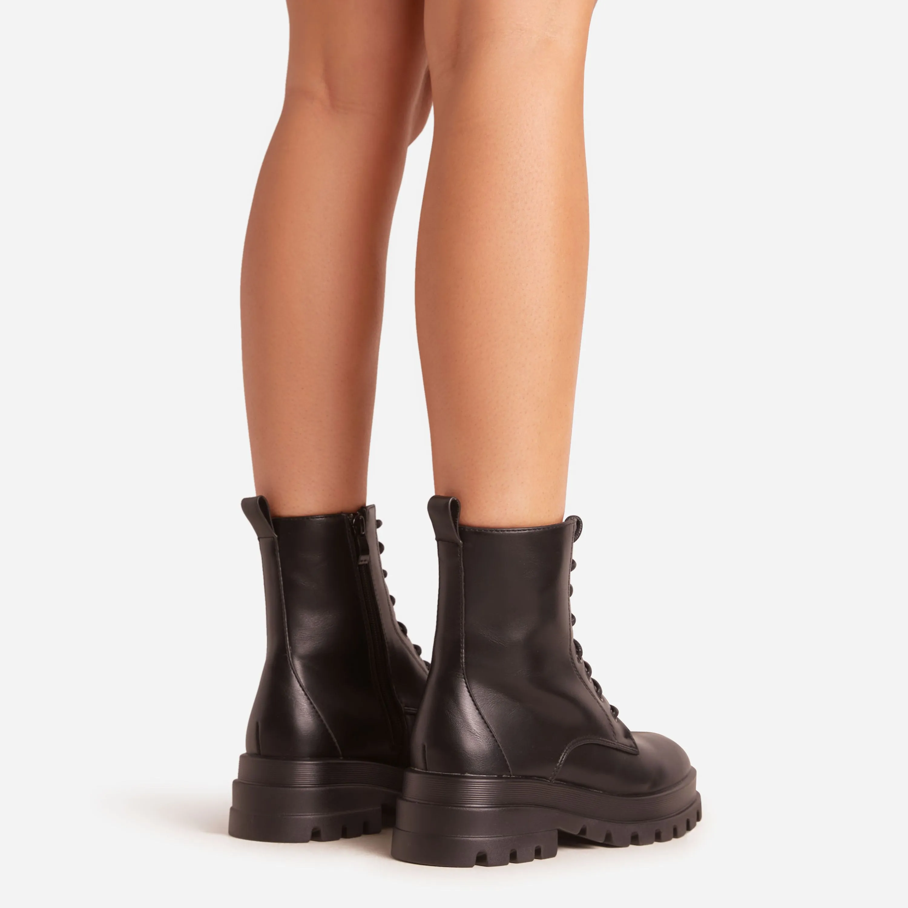 Kallie Lace Up Chunky Ankle Biker Boot In Black Faux Leather