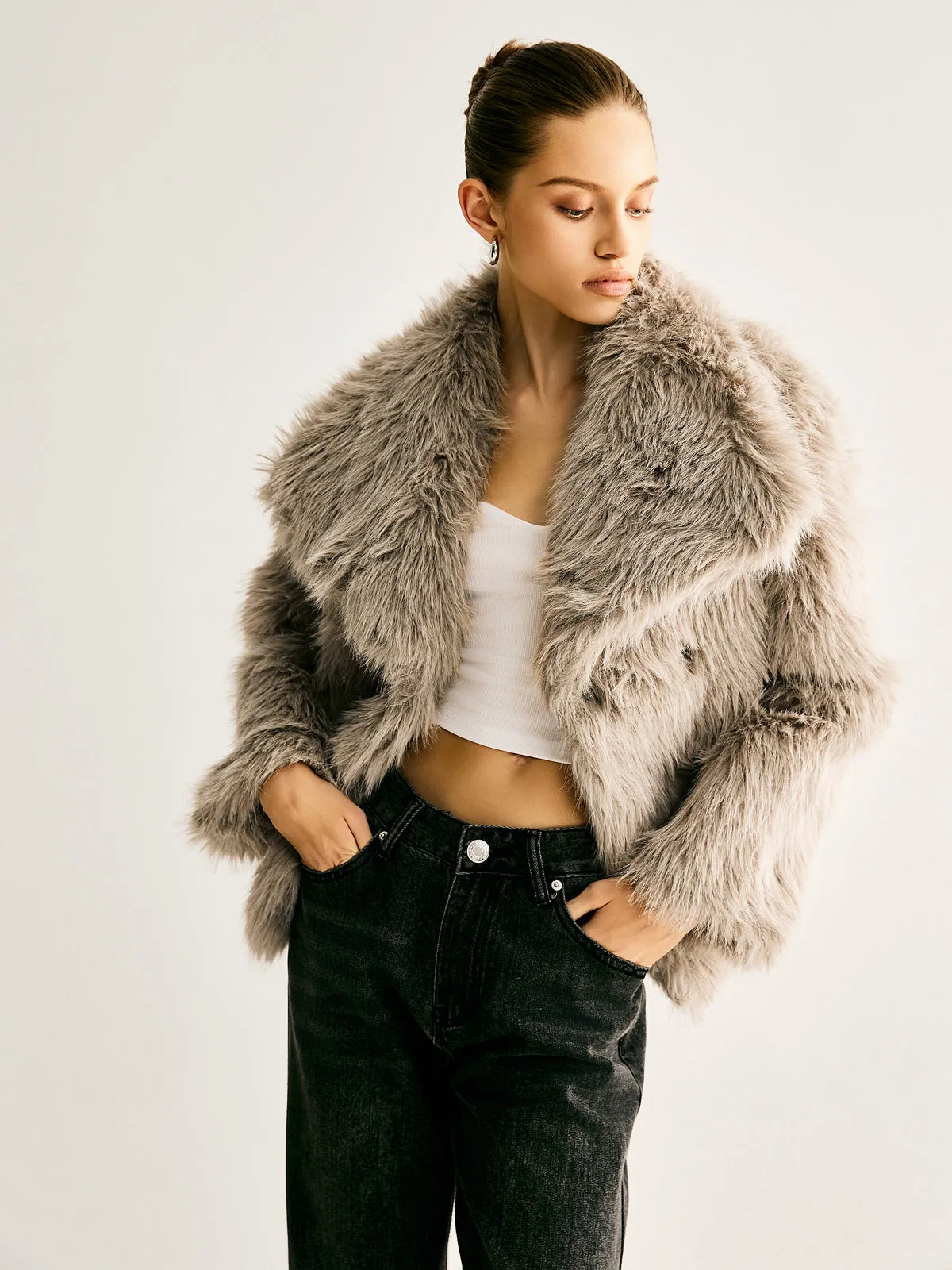 Lapel Pockets Faux Fur Coat