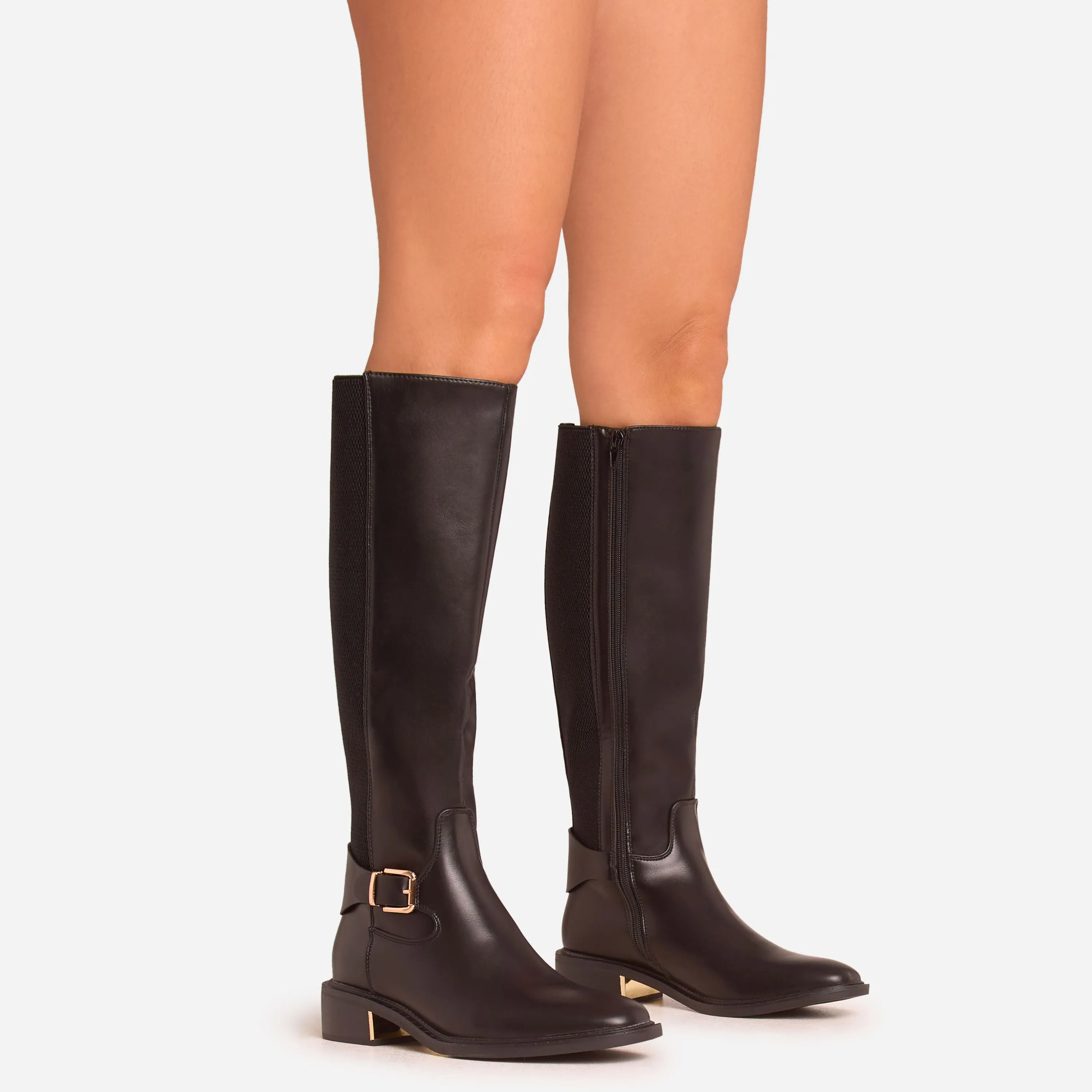 Latte Buckle Detail Gold Plate Knee High Long Boot In Black Faux Leather